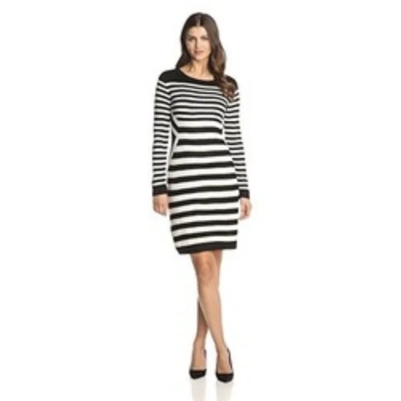 Calvin Klein Long Sleeve Black and White Striped Sweater Dress - Picture 1 of 6